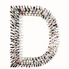 Concept or conceptual large community of people forming the font D. 3d illustration metaphor for unity and diversity, humanitarian, teamwork, cooperation, education, friendship and community