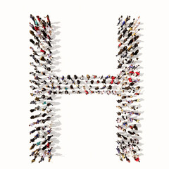 Concept or conceptual large community of people forming the font H. 3d illustration metaphor for unity and diversity, humanitarian, teamwork, cooperation, education, friendship and community