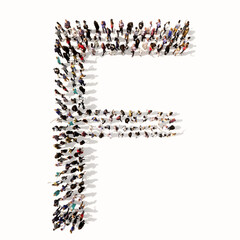 Concept or conceptual large community of people forming the font F. 3d illustration metaphor for unity and diversity, humanitarian, teamwork, cooperation, education, friendship and community