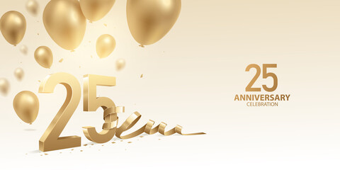 25th Anniversary celebration background. 3D Golden numbers with bent ribbon, confetti and balloons. - obrazy, fototapety, plakaty