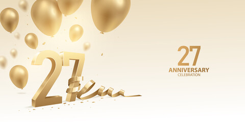 27th Anniversary celebration background. 3D Golden numbers with bent ribbon, confetti and balloons.
