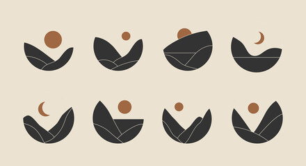 Set of trendy minimalist landscape abstract contemporary collages design