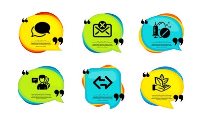 Messenger, Medical drugs and Reject mail icons simple set. Speech bubble with quotes. People, Sync and Organic product signs. Speech bubble, Medicine pills, Delete letter. Vector