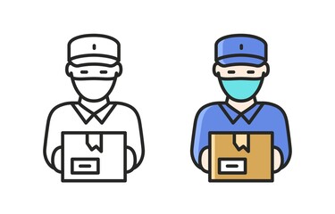 Safe delivery. Courier in a protective medical mask holds parcel in his hand. Delivery man with a box. Stay at home.