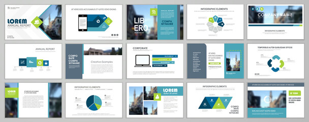 Presentation slide layout background. Blue and green design brochure template. Use in presentation, flyer, leaflet, banner, corporate report, annual report, marketing, advertising.