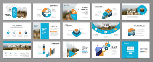 Presentation slide layout background.  Blue and orange design brochure template. Use in presentation, flyer, leaflet, banner, corporate report, annual report, marketing, advertising.
