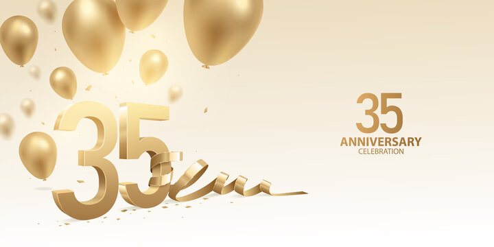 35th Anniversary celebration background. 3D Golden numbers with bent ribbon, confetti and balloons.