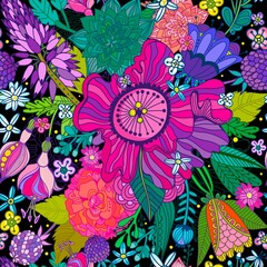 Vector seamless pattern with abstract flowers in bright color palette.