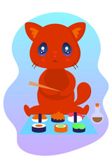 Cute kawaii ginger cat holds chopsticks in its paws and eats Japanese food. Vector stock illustration of food. Cat and sushi