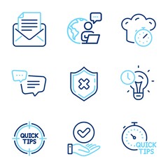 Technology icons set. Included icon as Approved checkbox, Time management, Tips signs. Quick tips, Mail correspondence, Text message symbols. Cooking timer, Reject protection line icons. Vector