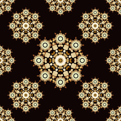 white abstract flowers on a brown background. seamless pattern. floral ornament. mosaic, kaleidoscope.