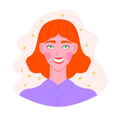 Cute redhead woman or girl smiling. There are braces on the woman's teeth. Dentistry. Vector illustration.