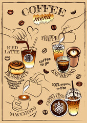 Sketch drawing poster of coffee menu, line art coffee cup, barista, roasted coffee beans. iced drink. Food template, cafe, bakery. Outline espresso, latte art, macchiato, desserts. Vector illustration