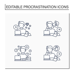 Procrastination line icons set. Perfectionist, dreamer, overdoer procrastinator. Overwhelmed concept. Isolated vector illustrations.Editable stroke