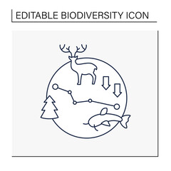 Biodiversity loss line icon.Losing different kinds flora,fauna.Disappearance species can disrupt ecosystems,make more fragile.Ecosystem protection concept.Isolated vector illustration.Editable stroke