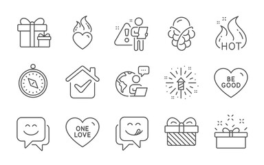 Heart flame, Smile face and Gift line icons set. Present box, Hot sale and Surprise package signs. Travel compass, Ice cream and Yummy smile symbols. Line icons set. Vector