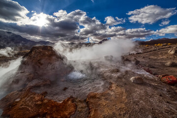 El Tatio geysers at sunrise, Atacama desert, Chile.