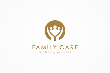 Family Care Logo. Gold Circle Shape with Negative Space Human and Two Hands Combination isolated on White Background. Flat Vector Logo Design Template Element.