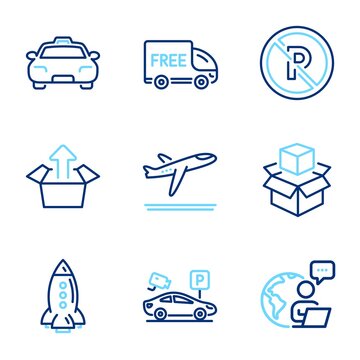 Transportation icons set. Included icon as Packing boxes, Rocket, Send box signs. Free delivery, Parking security, Taxi symbols. No parking, Departure plane line icons. Line icons set. Vector