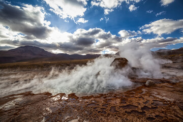 El Tatio geysers at sunrise, Atacama desert, Chile.
