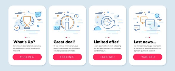 Set of line icons, such as Update time, Winner, Info symbols. Mobile app mockup banners. Dots message line icons. Refresh watch, Sports achievement, Information. Chat bubble. Update time icons. Vector