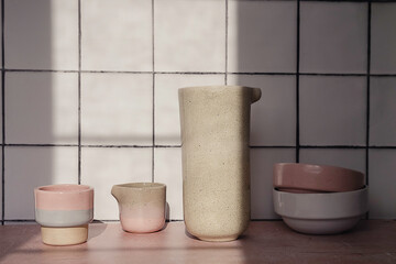 Handmade empty tableware such as ceramic jars, mugs and dishes composition on a white kitchen tile background on a sunny day with shadows. Pink, blue and beige color glaze on clay. Creative utensils.
