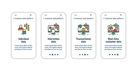 Customer data platform onboarding mobile app screens. Database steps menu. Set of UI, UX, web template with RGB color linear icons