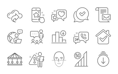 Fototapeta na wymiar Cloud share, Mail letter and Decreasing graph line icons set. Approved, 5g wifi and Scroll down signs. Heart, People chatting and Carousels symbols. Line icons set. Vector