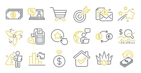 Set of Finance icons, such as Banking, Loyalty star, Check investment symbols. Cashback, Market sale, Online loan signs. Bill accounting, Accounting report, Currency exchange. Wind energy. Vector
