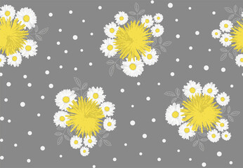 Obraz premium Camomile, dandelion and leaves seamless pattern on grey background. Vector illustration.