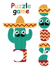 Fotobehang Simple educational puzzle game with funny cactus for kids stock vector illustration. Cartoon Mexican cactus with sombrero and mustache in a flowerpot. Find the correct piece and complete the picture © Anastasia Rybalka
