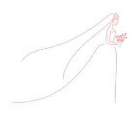 Beautiful woman in wedding dress. Cute vector line art