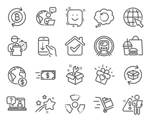 Business icons set. Included icon as Money transfer, Refresh bitcoin, Internet signs. Global business, Chemical hazard, Smile symbols. Push cart, Scroll down, Recovery data. Spanner, Faq. Vector