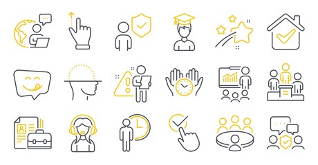 Set of People icons, such as Support, Security agency, Business podium symbols. Meeting, Security, Vacancy signs. Checkbox, Touchscreen gesture, Yummy smile. Presentation, Student, Waiting. Vector