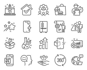 Fototapeta na wymiar Technology icons set. Included icon as Spanner, Chemistry lab, Ranking stars signs. Flight mode, 360 degrees, Start business symbols. Refrigerator, Augmented reality, Engineering team. Vector