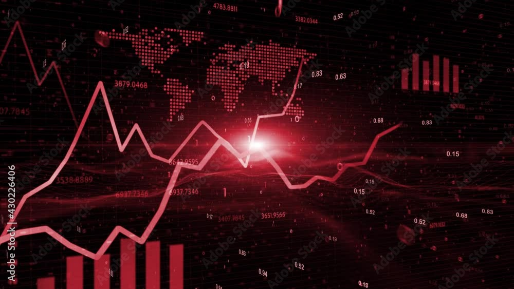 Poster red shiny business graphs with world map motion. conceptual negative economy animation background.