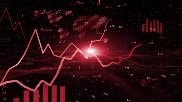 Red shiny business graphs with world map motion. Conceptual negative economy animation background.