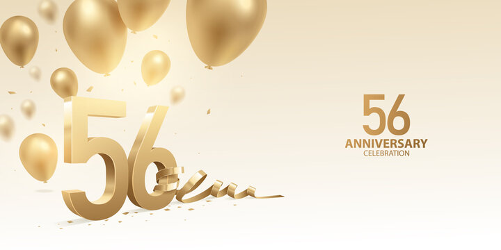 56th Anniversary celebration background. 3D Golden numbers with bent ribbon, confetti and balloons.