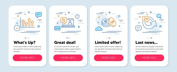 Set of Finance icons, such as Upper arrows, Online loan, Savings symbols. Mobile screen mockup banners. 24 hours line icons. Growth infochart, Discount percent, Cash coins. Repeat. Vector