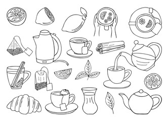 Fototapeta na wymiar Hand drawn tea icons collection. Doodle tea icons collection. Set of hand drawn tea illustrations.