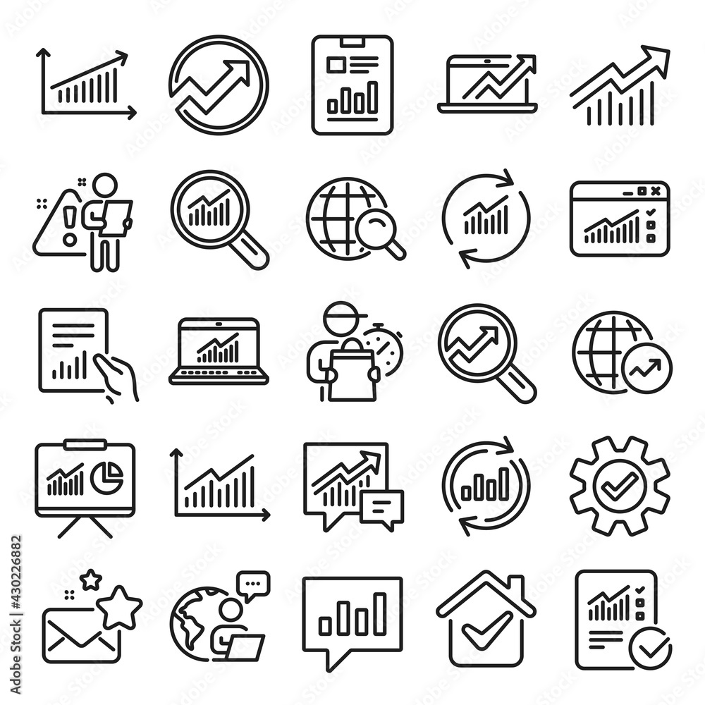 Aufkleber analytics, statistics line icons. set of chart, report document and graph icons. data analytics, pre