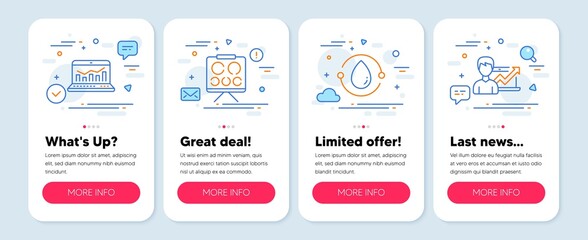 Set of line icons, such as Web analytics, Cold-pressed oil, Vision board symbols. Mobile screen mockup banners. Success business line icons. Statistics, Organic tested, Eye check. Growth chart. Vector