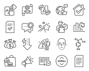 Fototapeta na wymiar Technology icons set. Included icon as Check investment, Checked file, Employees messenger signs. Megaphone, Document, Face recognition symbols. Scroll down, Cogwheel blueprint, Puzzle. Vector