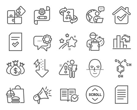 Technology icons set. Included icon as Check investment, Checked file, Employees messenger signs. Megaphone, Document, Face recognition symbols. Scroll down, Cogwheel blueprint, Puzzle. Vector