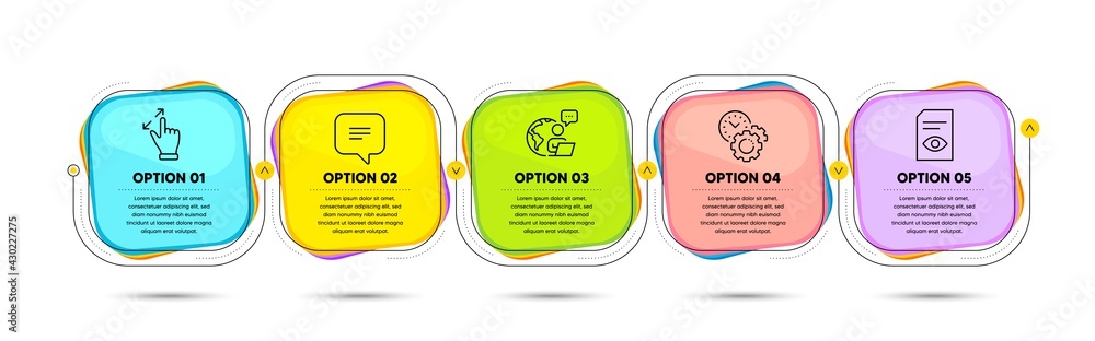 Poster view document, touchscreen gesture and time management line icons set. timeline process flowchart. t