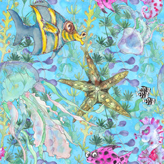 Undersea nautical  watercolor print decorative sea life vintage style seamless pattern  © onanana