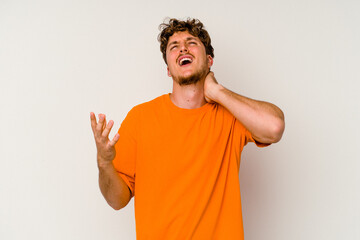 Young caucasian man isolated on white background screaming with rage.