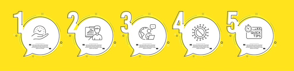 Safe time, Presentation board and Coronavirus line icons set. Timeline process infograph. Quick tips sign. Management, Growth chart, No vaccine. Helpful tricks. Science set. Vector