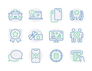 Technology icons set. Included icon as Taxi, Employees teamwork, Calculator target signs. Analytics graph, Ranking star, Dots message symbols. Ranking, Online documentation, Smartphone. Vector