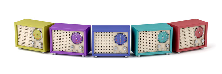 Colorful retro radios on white background